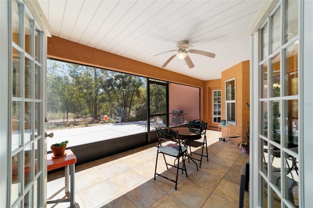 sunroom with wood ceiling and ceiling fan