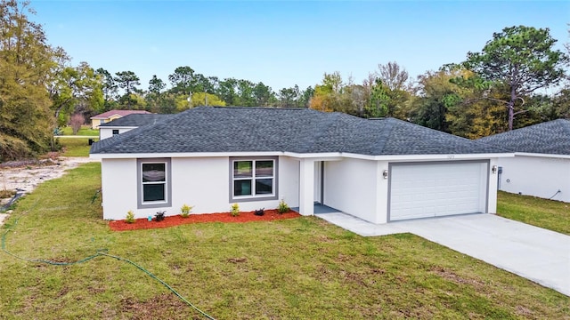 ranch-style house with stucco siding, a front yard, roof with shingles, and an attached garage