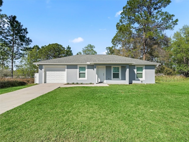 ranch-style home featuring stucco siding, driveway, an attached garage, and a front lawn