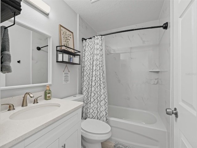 bathroom featuring vanity, toilet, shower / bath combo, and a textured ceiling