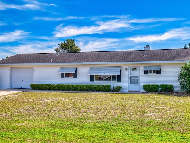 single story home with a front yard, roof with shingles, driveway, a chimney, and a garage