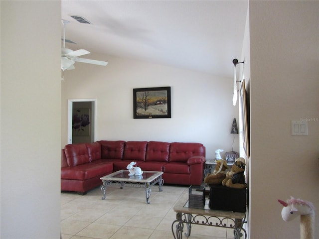 living room with lofted ceiling, light tile patterned flooring, a ceiling fan, and visible vents