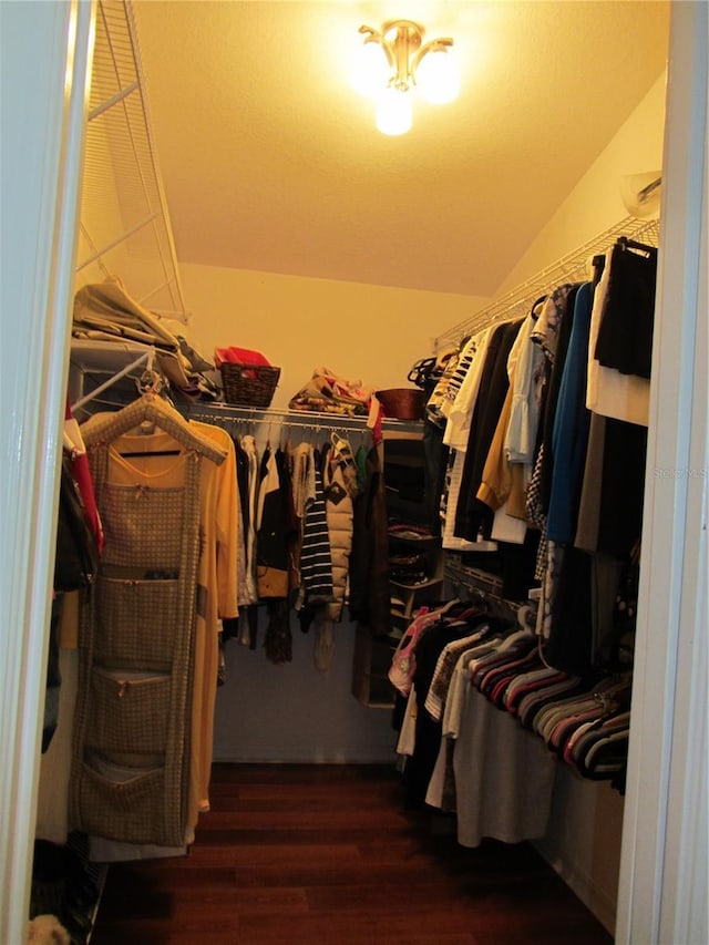 spacious closet featuring lofted ceiling and wood finished floors