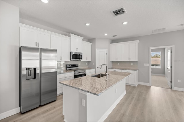 kitchen with white cabinetry, a sink, appliances with stainless steel finishes, and visible vents
