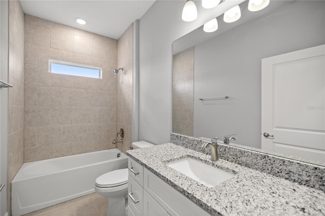 full bathroom featuring toilet, vanity, shower / tub combination, and tile patterned floors