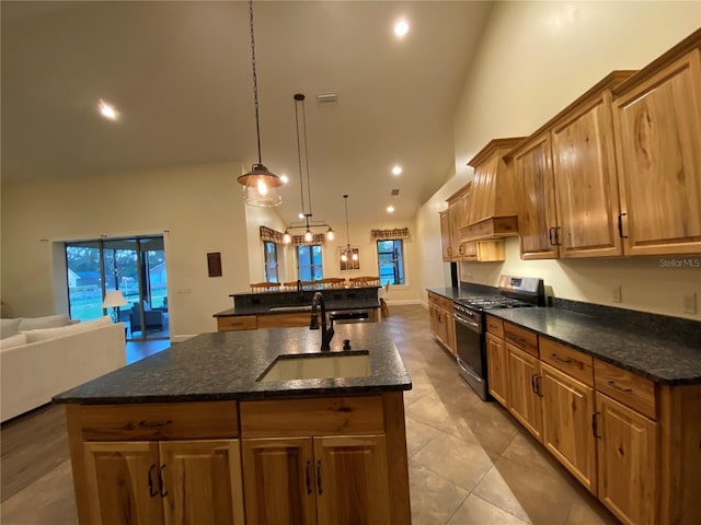 kitchen with an island with sink, a sink, open floor plan, gas stove, and lofted ceiling