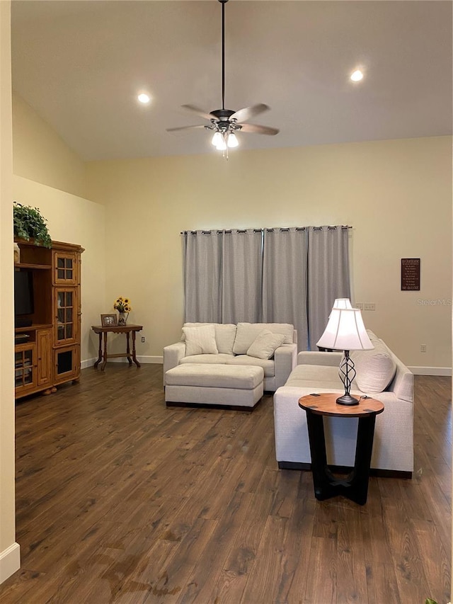 living area featuring recessed lighting, baseboards, ceiling fan, and dark wood-style flooring