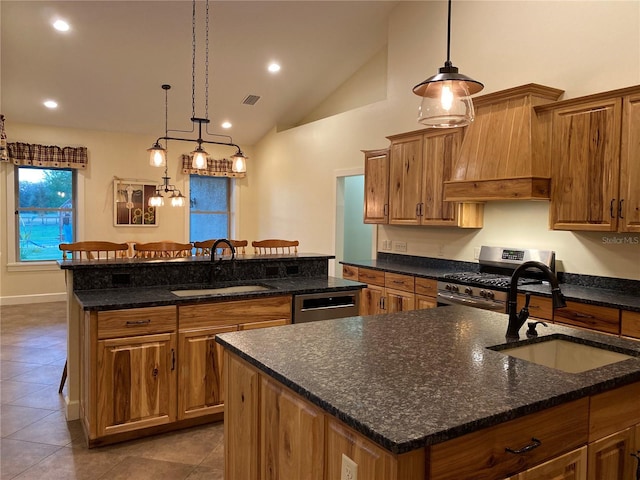 kitchen with custom exhaust hood, stainless steel appliances, a kitchen island with sink, and a sink