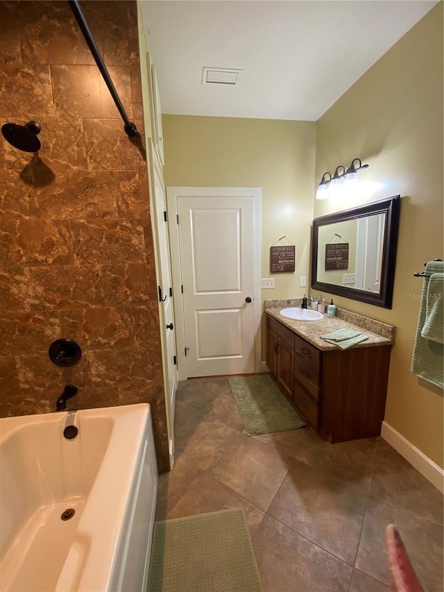 bathroom featuring double vanity, baseboards, a tub, and a sink