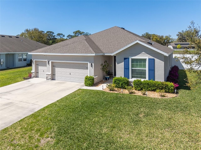 ranch-style house featuring stucco siding, a garage, concrete driveway, and a front yard