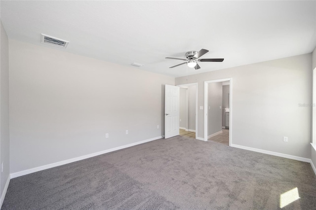 unfurnished bedroom with visible vents, baseboards, carpet, and ceiling fan