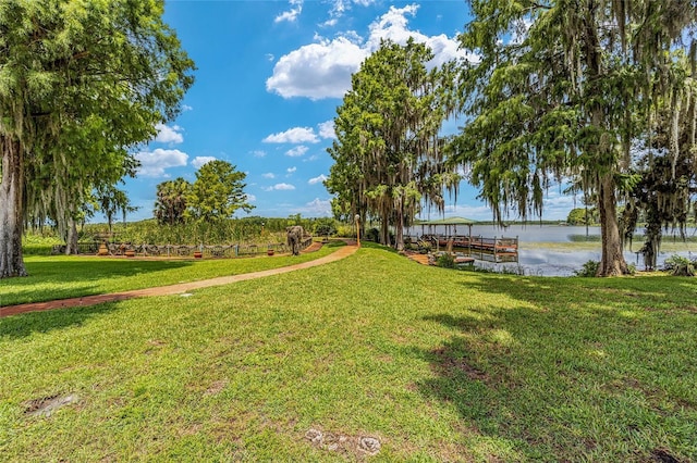 view of yard featuring a dock and a water view