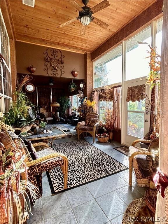 sunroom / solarium featuring wooden ceiling, visible vents, and ceiling fan