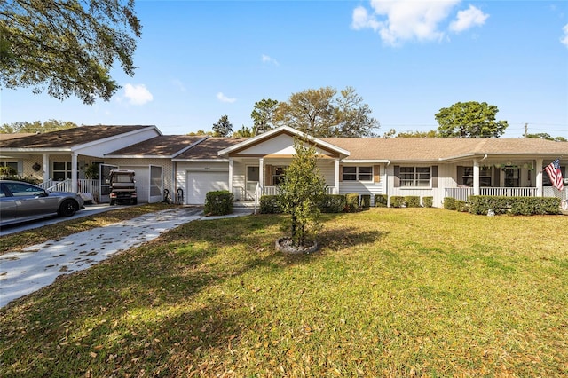 ranch-style home with a garage, a porch, concrete driveway, and a front yard