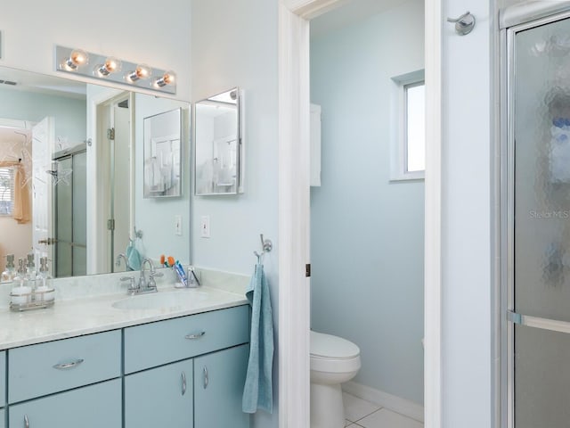 full bath with tile patterned floors, visible vents, toilet, a shower stall, and vanity