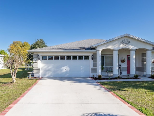 view of front of property featuring stucco siding, driveway, covered porch, a front yard, and a garage