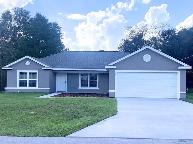 ranch-style home with a front yard, roof with shingles, stucco siding, concrete driveway, and a garage