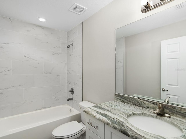 full bathroom with visible vents, toilet, recessed lighting, vanity, and shower / bathtub combination