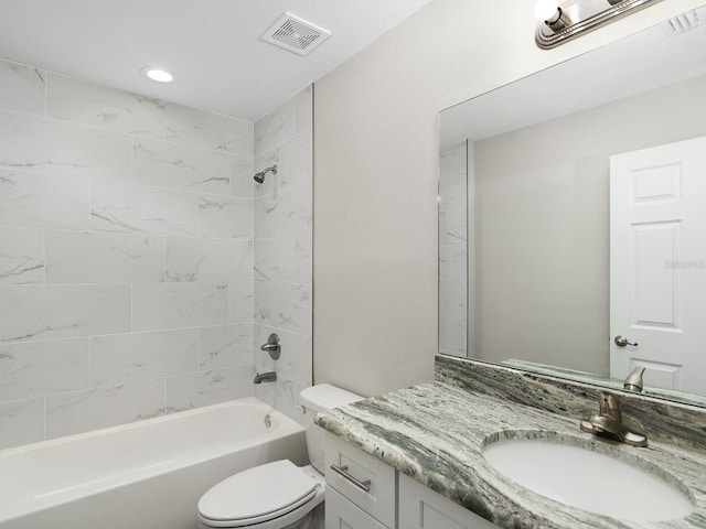 full bath featuring shower / bath combination, visible vents, vanity, toilet, and recessed lighting