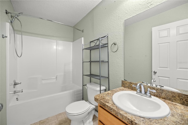 bathroom featuring toilet, a textured ceiling, washtub / shower combination, vanity, and a textured wall