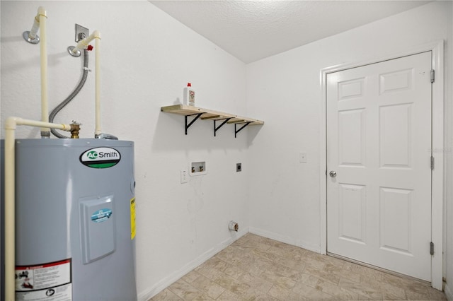 clothes washing area with hookup for a washing machine, baseboards, hookup for an electric dryer, laundry area, and water heater