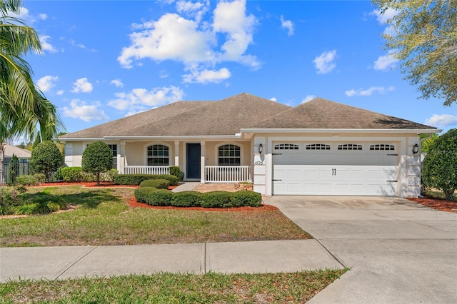 single story home with stucco siding, a porch, roof with shingles, concrete driveway, and a garage