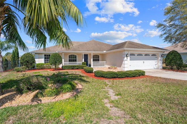 single story home featuring stucco siding, driveway, a porch, and an attached garage