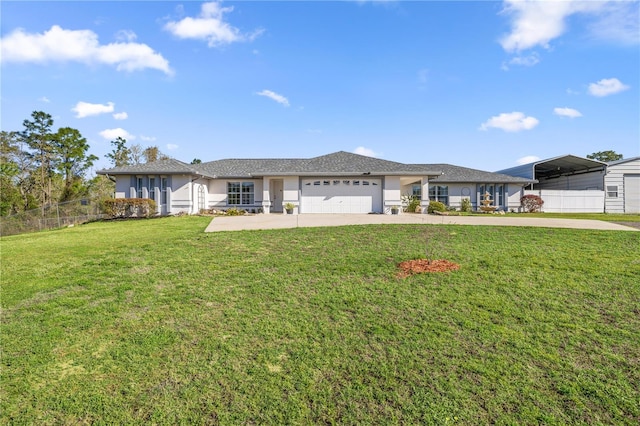 view of front facade featuring a front yard, fence, an attached garage, stucco siding, and concrete driveway