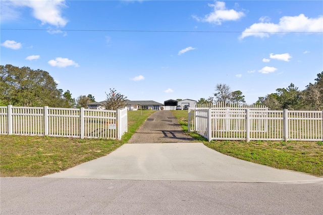 view of street with concrete driveway and a gated entry