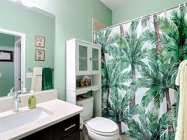 full bathroom featuring a shower with curtain, toilet, and vanity