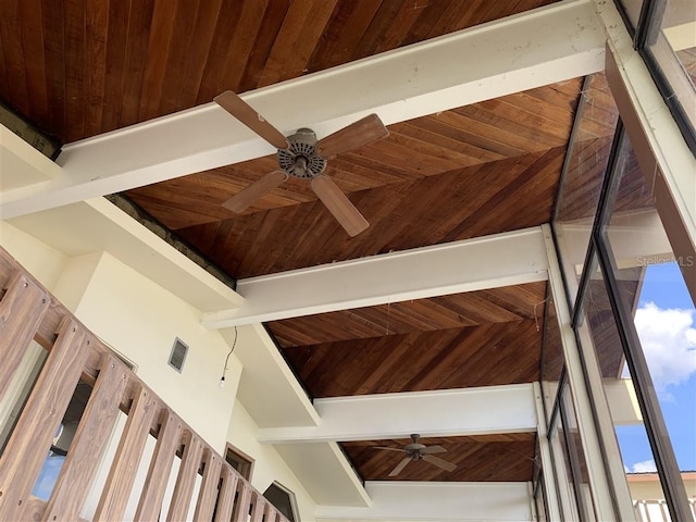 room details with visible vents, wood ceiling, and ceiling fan