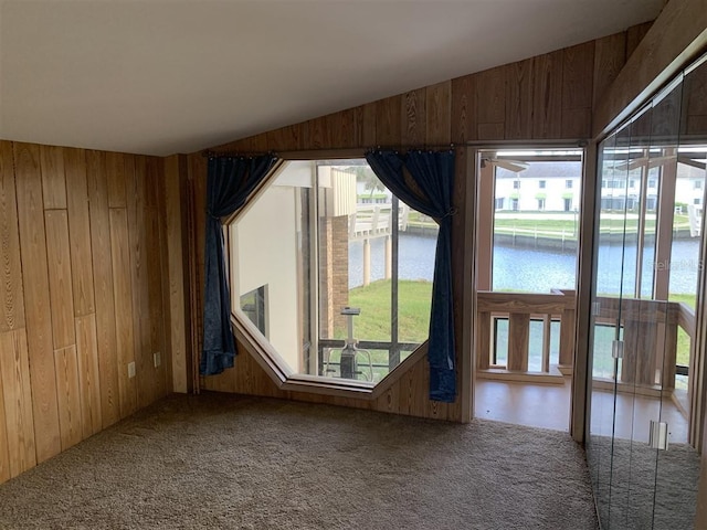 carpeted spare room featuring wooden walls, lofted ceiling, and a water view