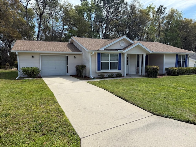 single story home with concrete driveway, a garage, roof with shingles, and a front lawn