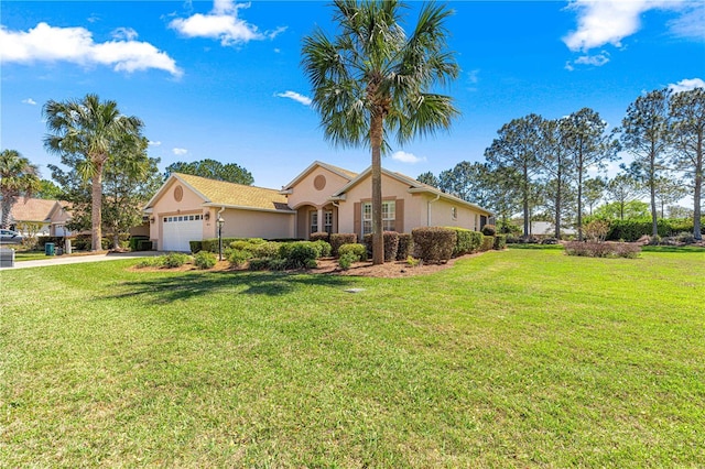 view of front of property with stucco siding, driveway, a front lawn, and a garage