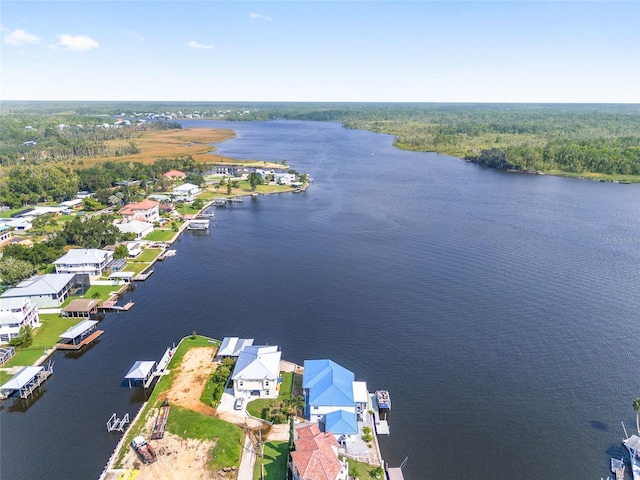 bird's eye view featuring a residential view, a wooded view, and a water view