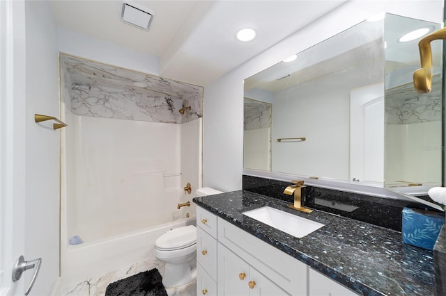 bathroom featuring vanity, shower / bathing tub combination, toilet, and visible vents