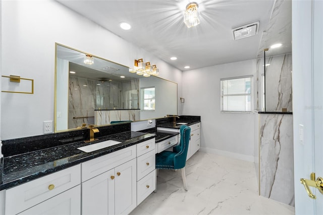 bathroom with vanity, visible vents, a marble finish shower, recessed lighting, and marble finish floor