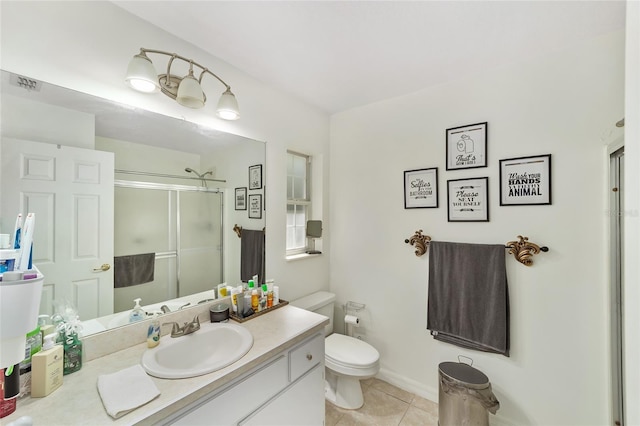 bathroom with tile patterned flooring, visible vents, toilet, a stall shower, and vanity