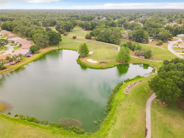 bird's eye view featuring view of golf course and a water view