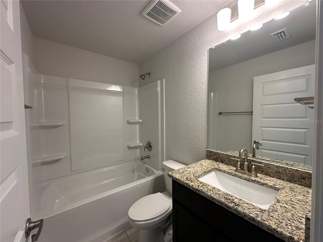 4528 SW 90th Lane Rd, Ocala, FL 34476 - bathroom featuring a textured wall, vanity, toilet, washtub / shower combination, and a textured ceiling