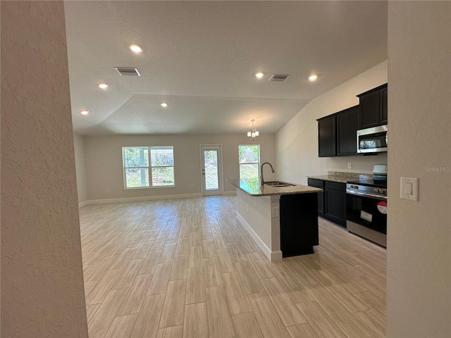 4528 SW 90th Lane Rd, Ocala, FL 34476 - kitchen featuring stainless steel appliances, a sink, lofted ceiling, dark cabinetry, and light stone counters
