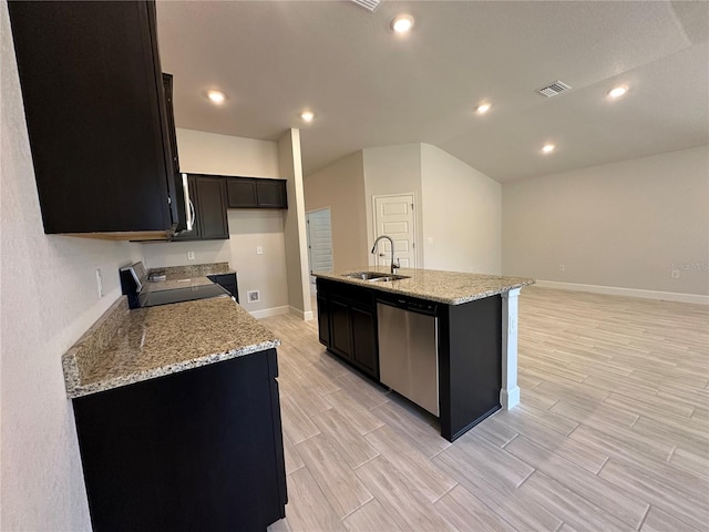 4528 SW 90th Lane Rd, Ocala, FL 34476 - kitchen with dishwasher, range, a sink, baseboards, and an island with sink