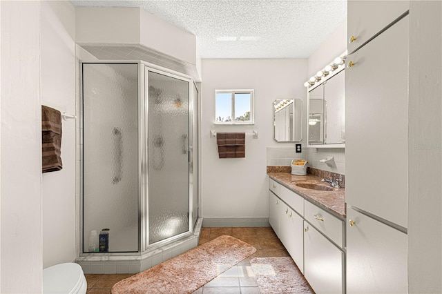10980 SW 62nd Avenue Rd, Ocala, FL 34476 - bathroom featuring tile patterned flooring, a shower stall, a textured ceiling, and vanity