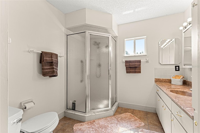 10980 SW 62nd Avenue Rd, Ocala, FL 34476 - full bathroom featuring toilet, a textured ceiling, a shower stall, tile patterned flooring, and vanity