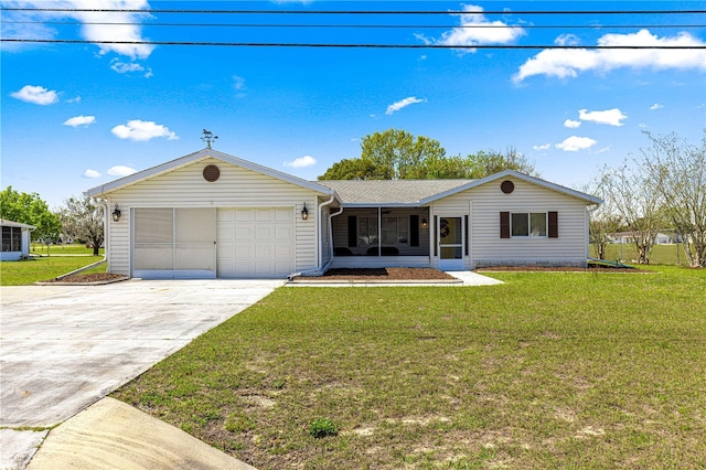 10980 SW 62nd Avenue Rd, Ocala, FL 34476 - ranch-style house with driveway, an attached garage, a front yard, and a sunroom