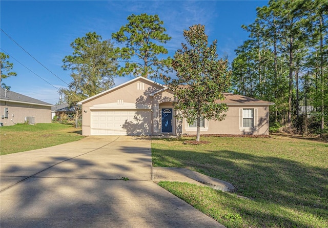 ranch-style home with a front yard, cooling unit, an attached garage, stucco siding, and concrete driveway