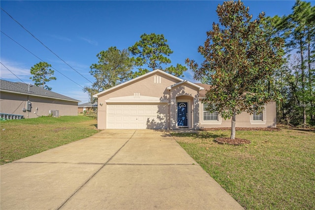 view of front of home with stucco siding, driveway, a front lawn, cooling unit, and an attached garage