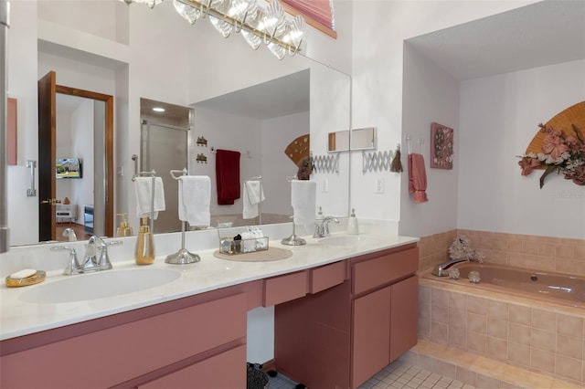 5557 N Sierra Ter, Beverly Hills, FL 34465 - bathroom featuring a bath, tile patterned floors, a sink, and a stall shower