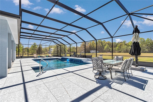outdoor pool with a lanai and a patio