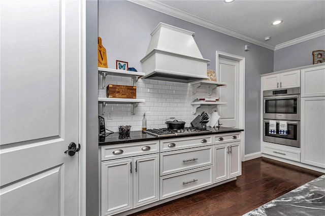 kitchen featuring ornamental molding, stainless steel appliances, open shelves, and custom range hood